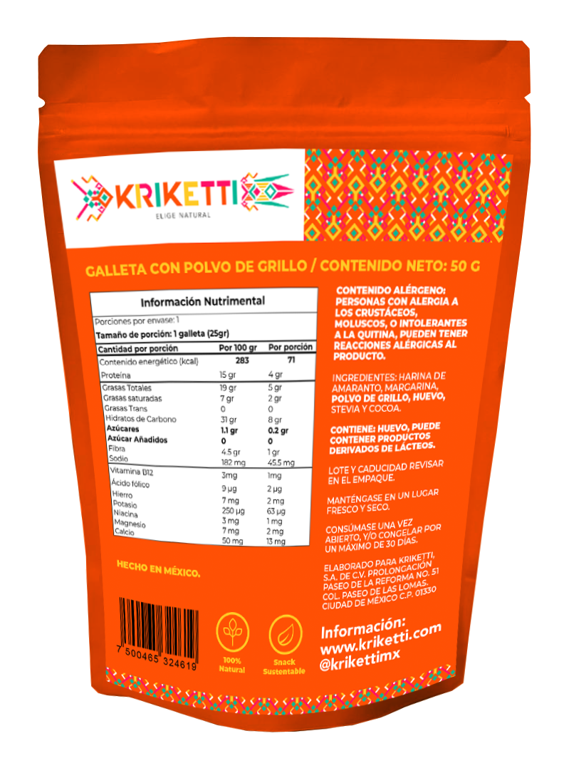 Galleta de Cocoa con Polvo de Grillo/Amaranto SIN AZÚCAR - 50 g