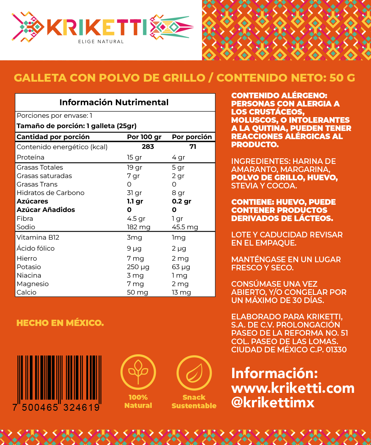 Galleta de Cocoa con Polvo de Grillo/Amaranto SIN AZÚCAR - 50 g